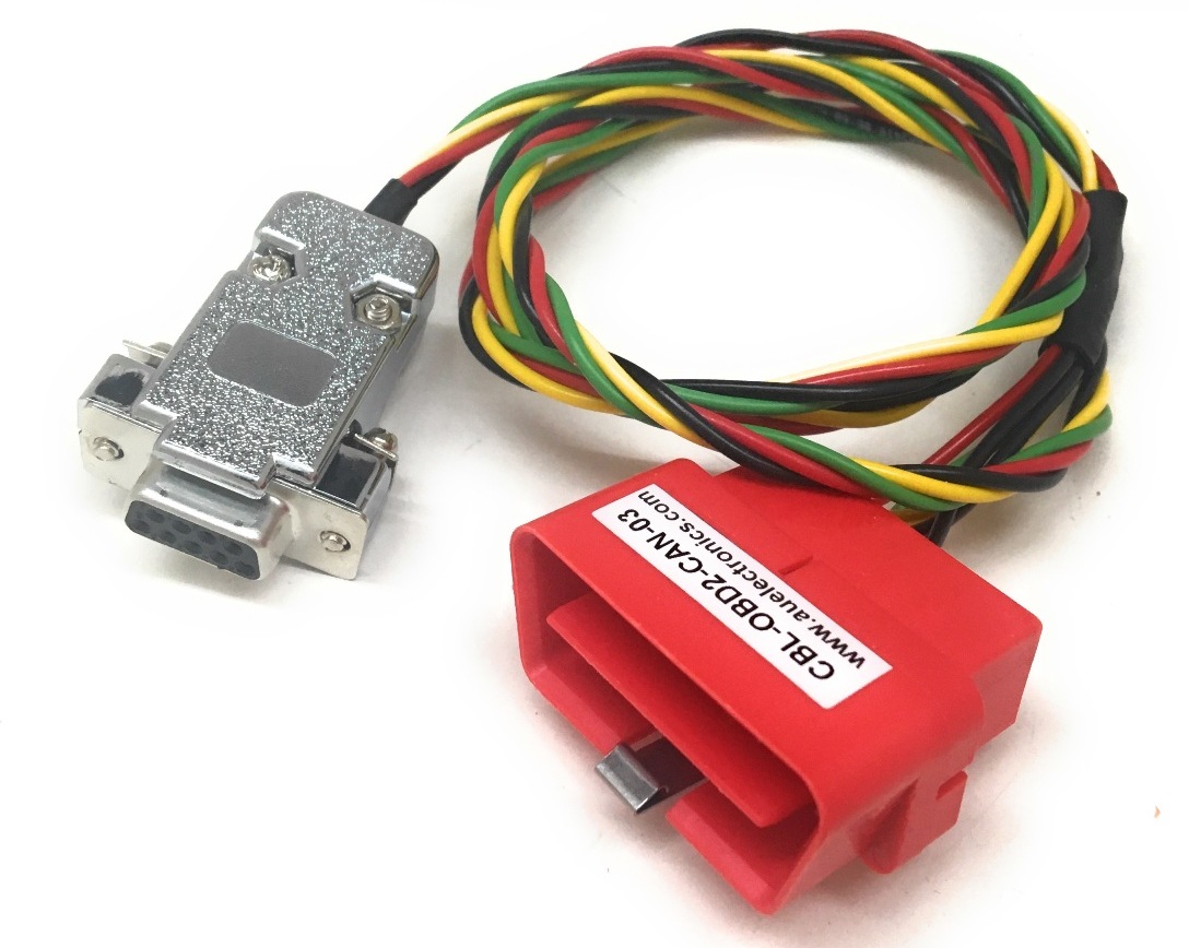 Au OBD2 CAN Diagnostic Cable  with a DB9 female connector and an OBD2 male housing.